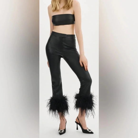NWT LAMARQUE Pagetta Feather Trimmed Trousers Black Size Small - Picture 2 of 13